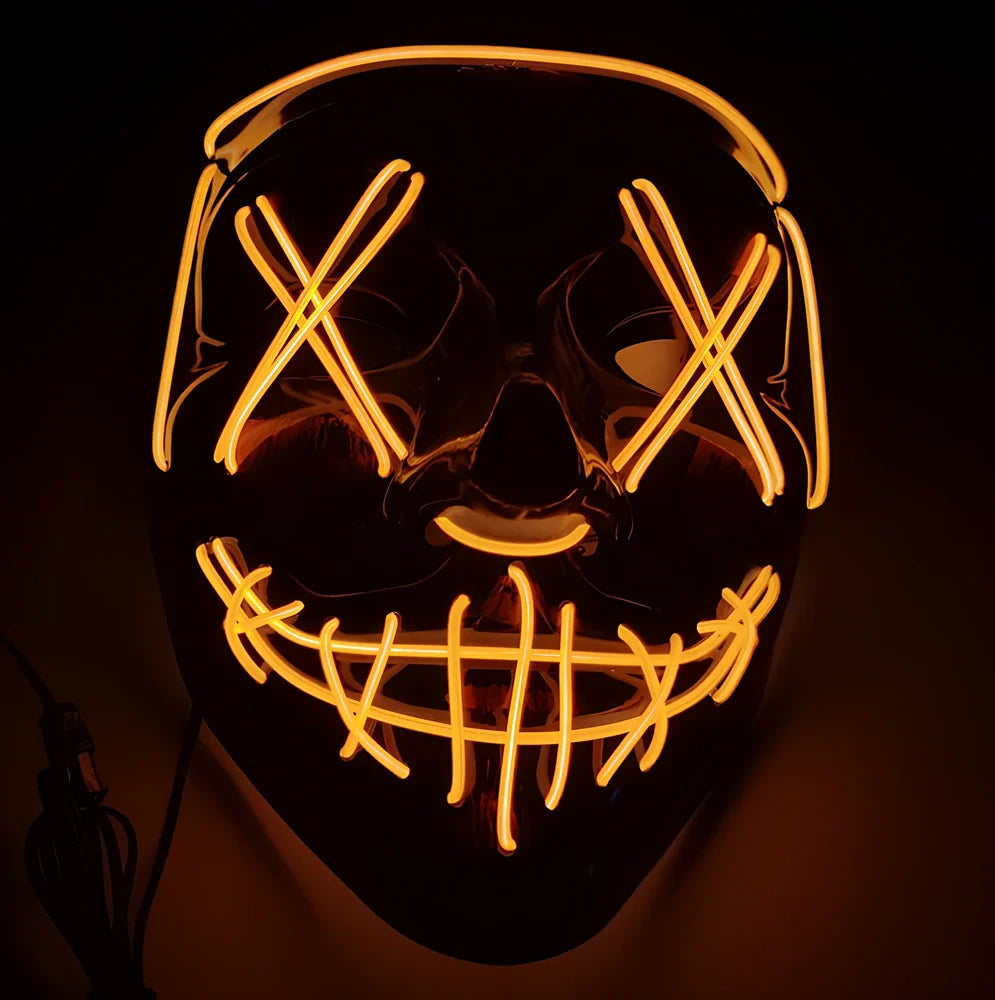 Black V-shaped electroluminescent Halloween mask glowing with uniform illumination, showing folding capability and plastic construction