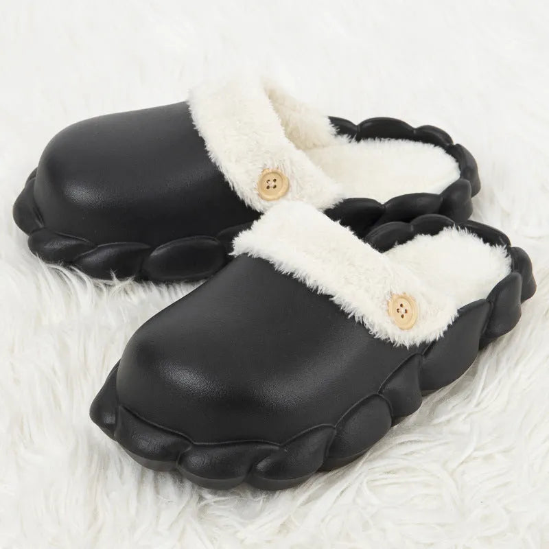 Waterproof EVA winter slippers with plush lining, detachable overshoes in pink, yellow, green, grey, black.