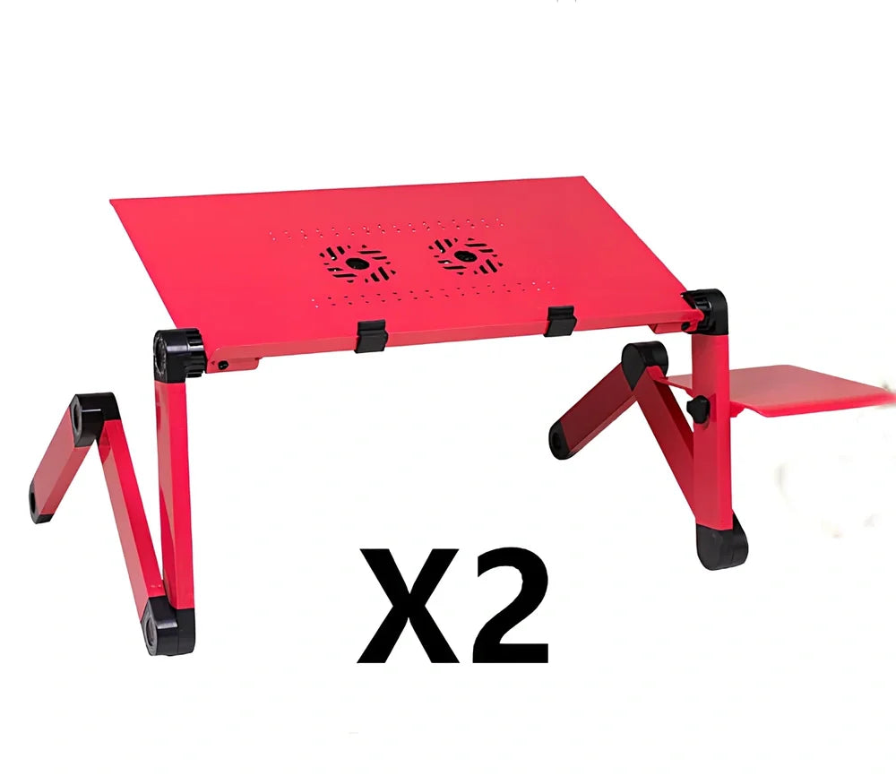 Black aluminium folding computer desk with adjustable legs and non-slip baffles for laptop stability