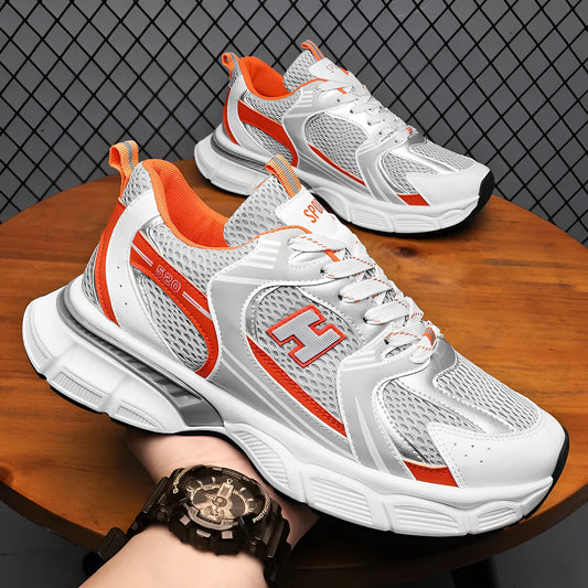 Men's white and grey mesh running shoes with round toe and plastic sole.