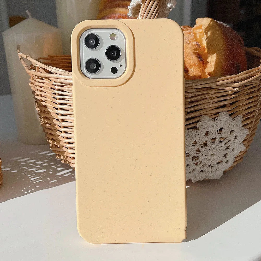 Wheat straw biodegradable phone case for Apple iPhone showing natural fibre texture and colour options