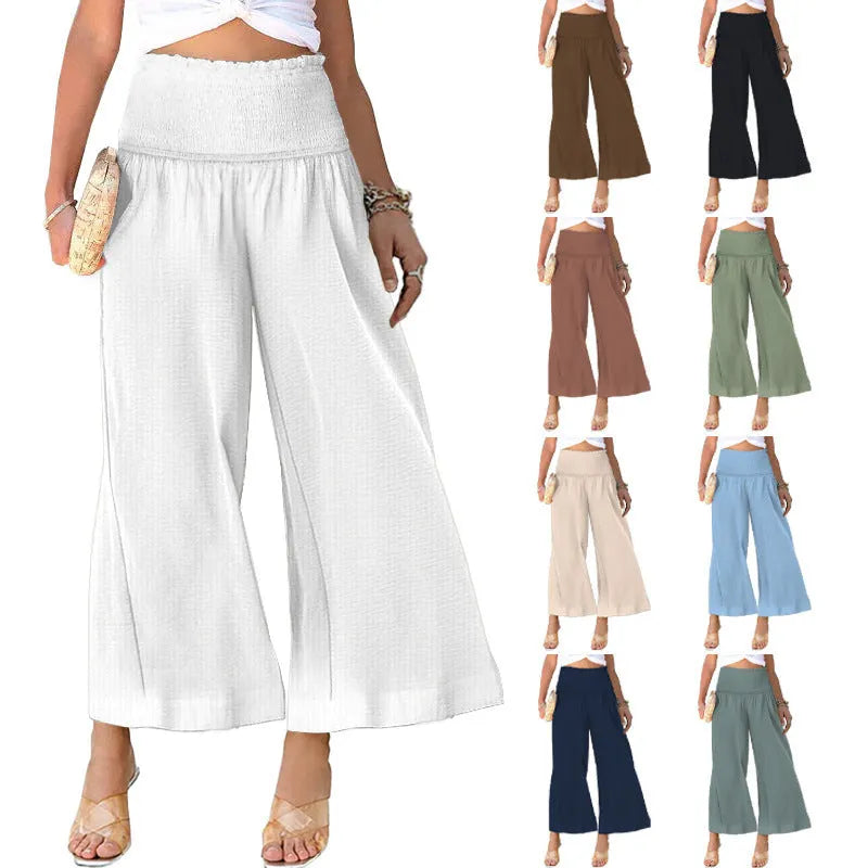 Women's high waist pleating casual cotton and linen trousers in apricot colour with micro elasticity and cropped straight-leg fit.