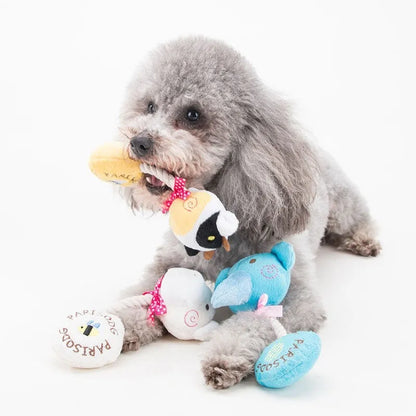 Plush dog toy with rope and sound in frog, elephant, cow, or bear designs