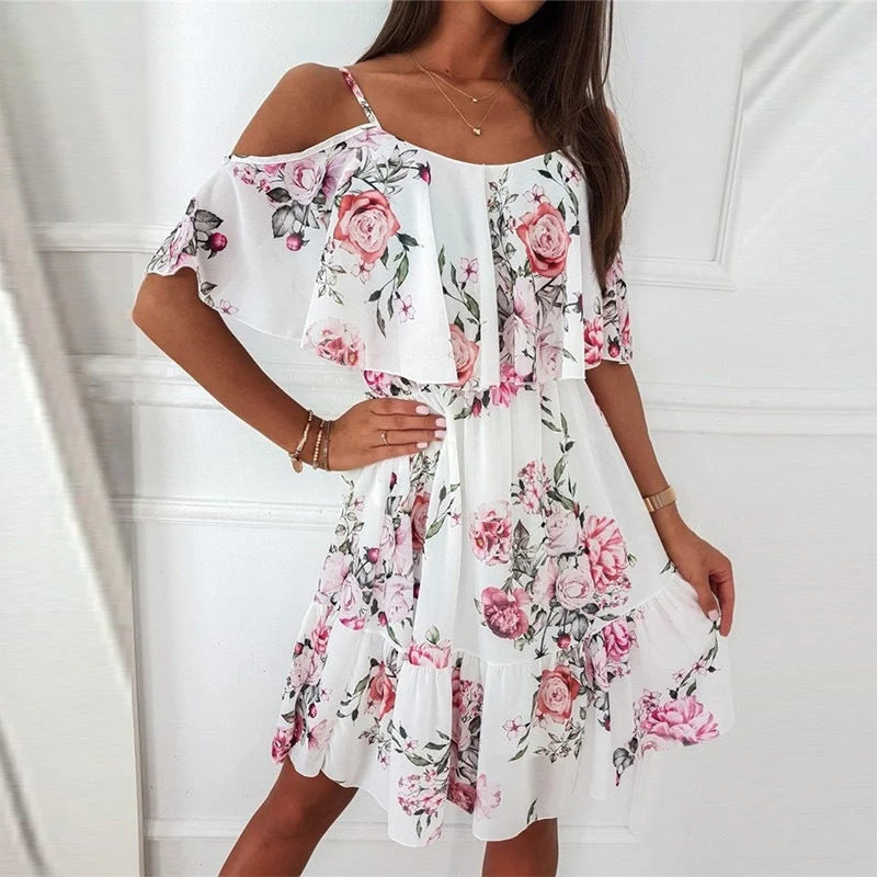 Women's flower printed ruffled suspender dress with off-the-shoulder strap in various colors