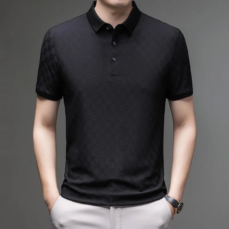 Rhombus thin ice silk short sleeve t-shirt in black with slit design, sizes M to 4XL
