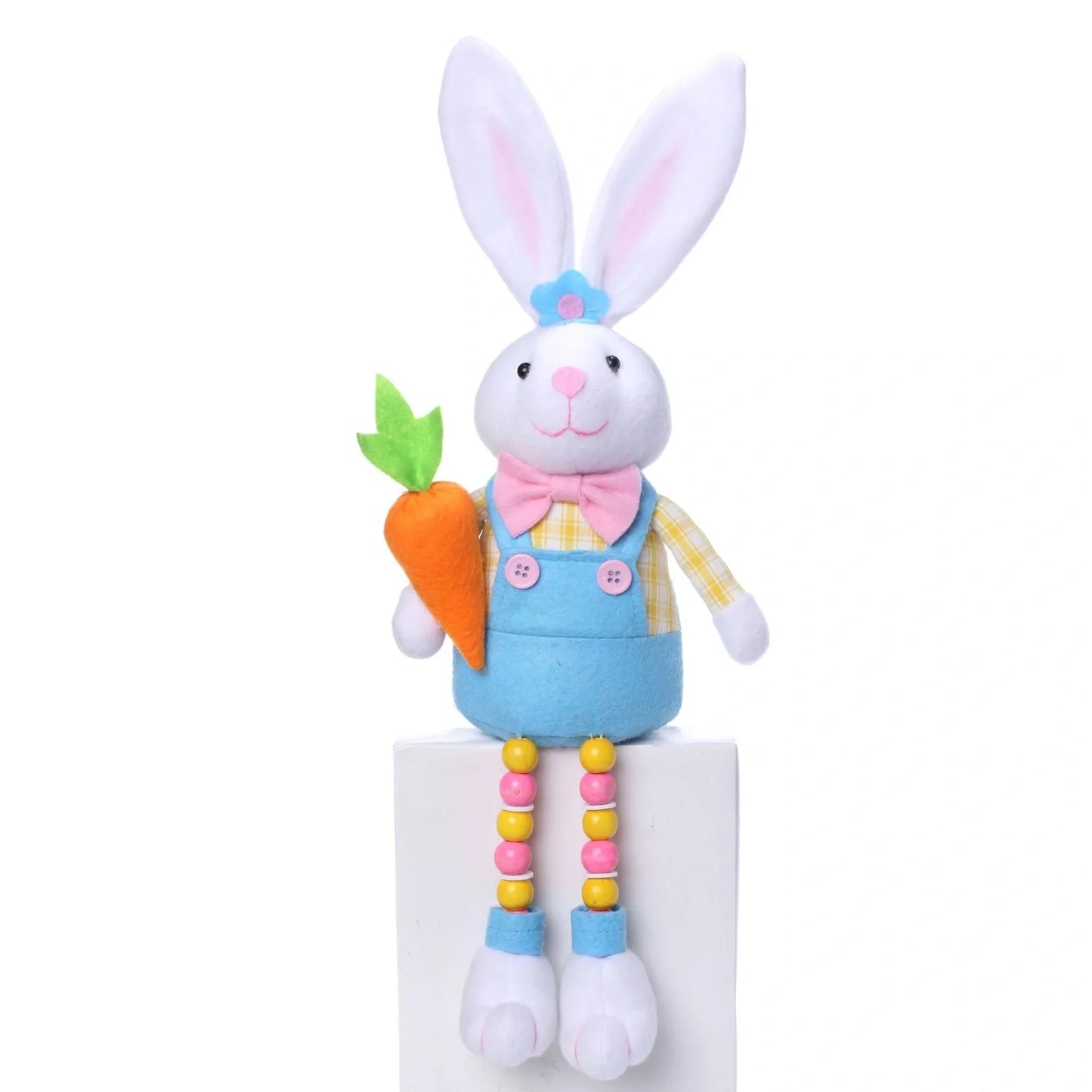 Hand-sewn Easter bunny doll ornament with non-woven fabric construction in radish or flower style