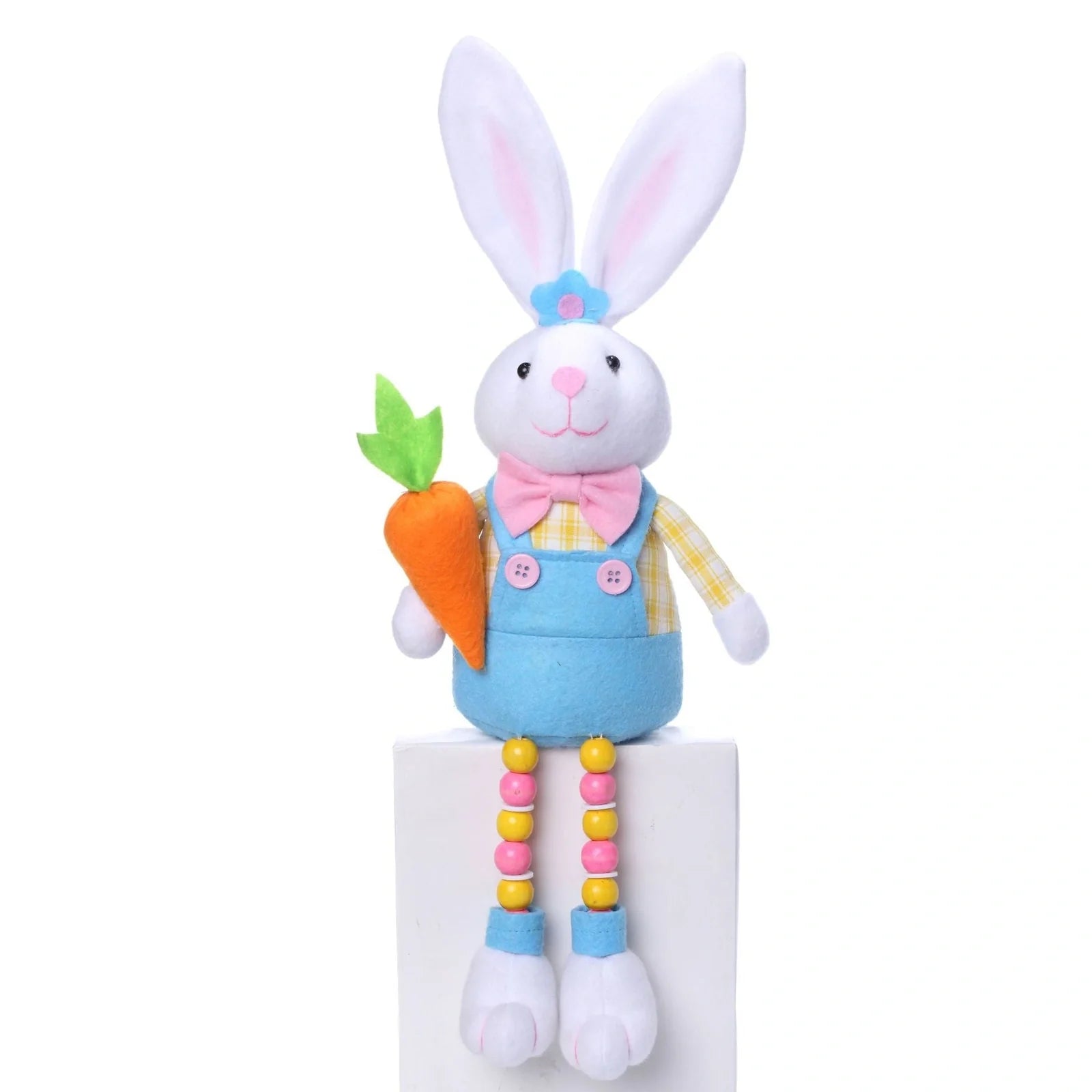 Hand-sewn Easter bunny doll ornament with non-woven fabric construction in radish or flower style