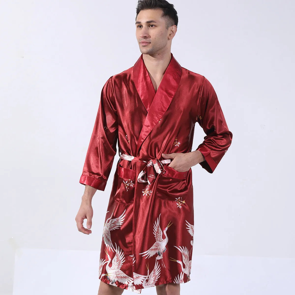 Men's silk bathrobe in summer colours including black with yellow collar and red crane design