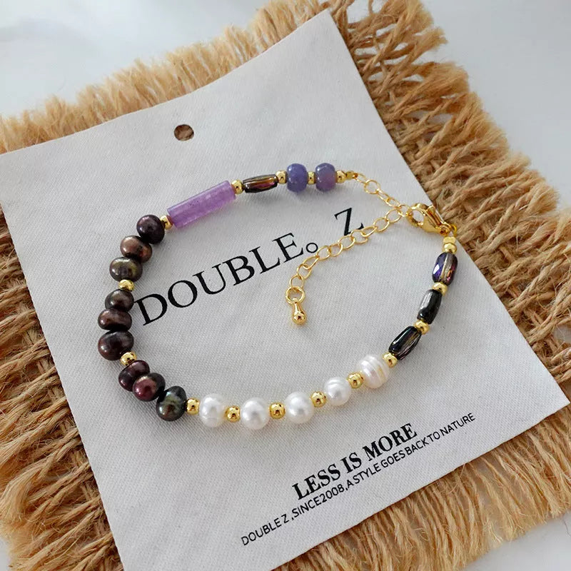 Natural stone pearl necklace with brass gold-plated chain, retro style