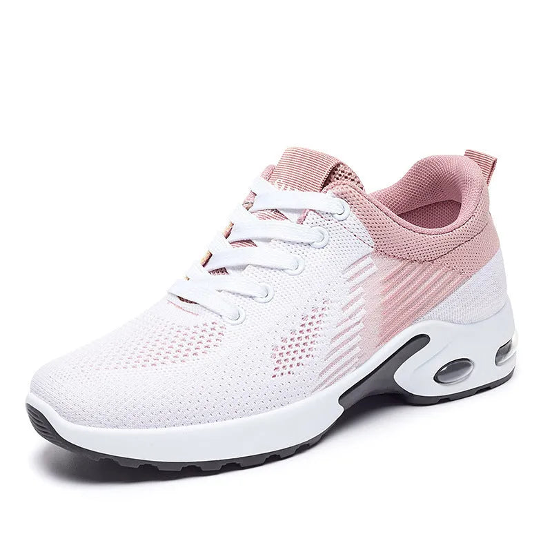 Women's striped Flyknit casual running shoes in pink, shown with a flat PVC sole and front lace-up closure.