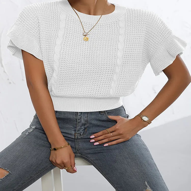 Twisted string pattern knitted pullover sweater with ruffled short sleeves in loose fit.