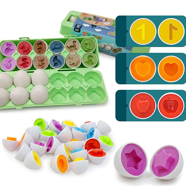 Educational shape matching egg toy with 12 colourful plastic eggs in storage case