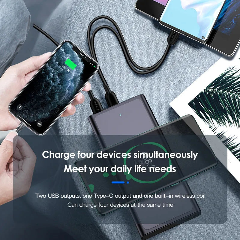 Black and blue alloy 10000mAh portable power bank with wireless charging function.