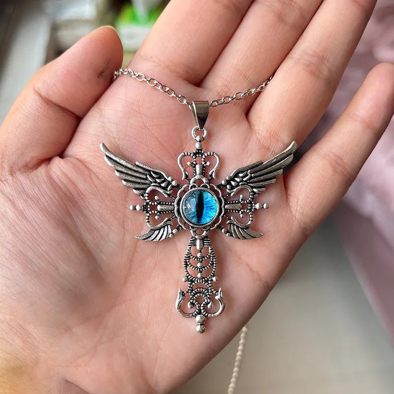 Geometric devil wings cross pendant necklace in alloy with blue, green, purple, red, and yellow colour options