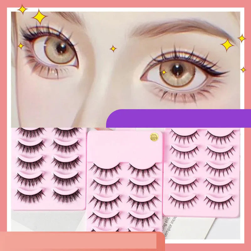 Set of manga-style false eyelashes in natural wispy styles 007, 008, and 009 on plastic black terrier
