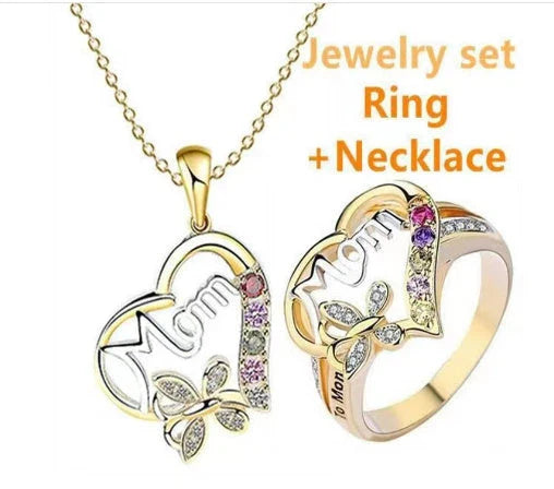 Elegant gold-plated heart-shaped ring with multi-colored rhinestone embellishments, a thoughtful Mother's Day gift
