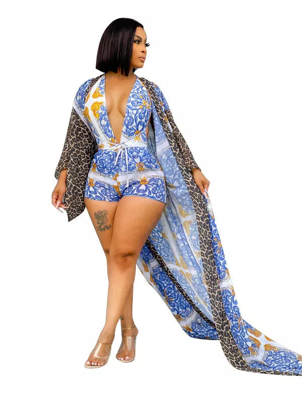 Three-piece shawl bikini shorts swimsuit in blue with long sleeve top