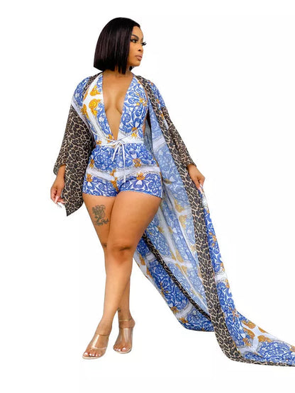 Three-piece shawl bikini shorts swimsuit in blue with long sleeve top