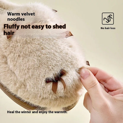 Women's plush butterfly knot slippers with memory foam insole in milk tea, cloud white, and sweetheart pink