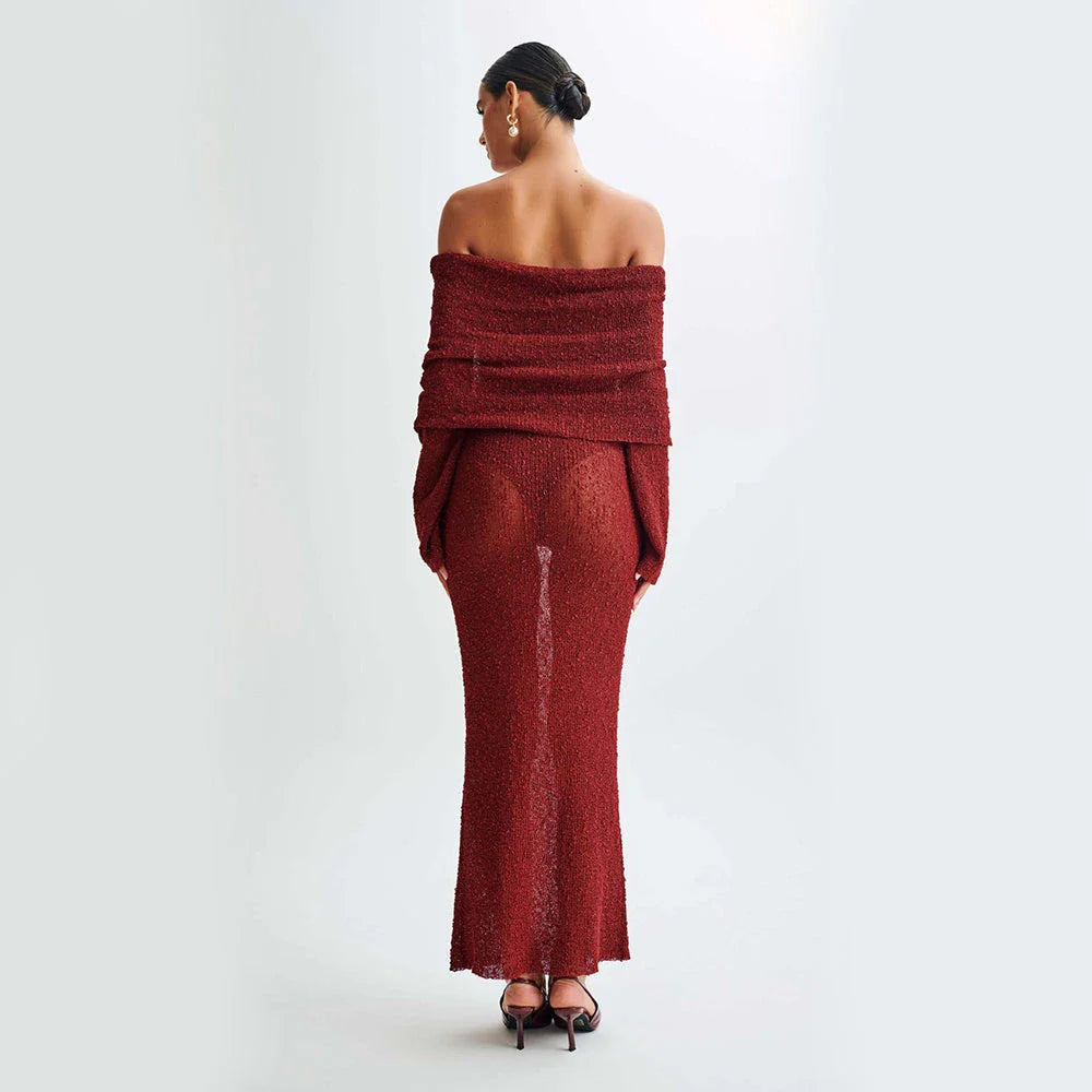 One-shoulder knit maxi dress in various colors for beach vacations and summer fashion