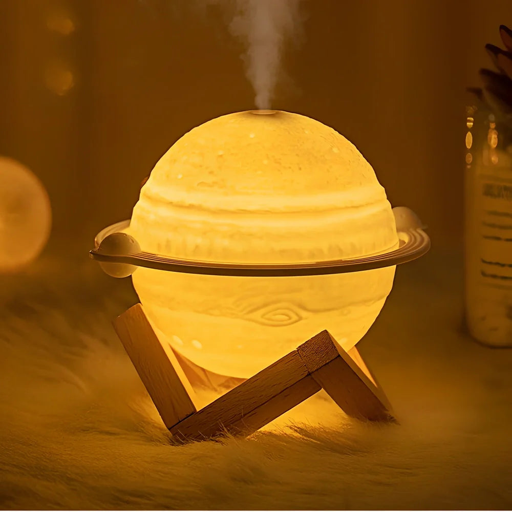 Planet-shaped humidifier with wooden frame and USB cable, 154mm width