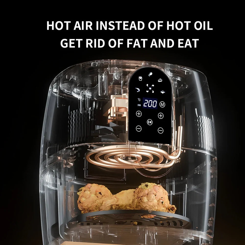 Black touch screen air fryer with 4.5-6L capacity and 1350W power rating
