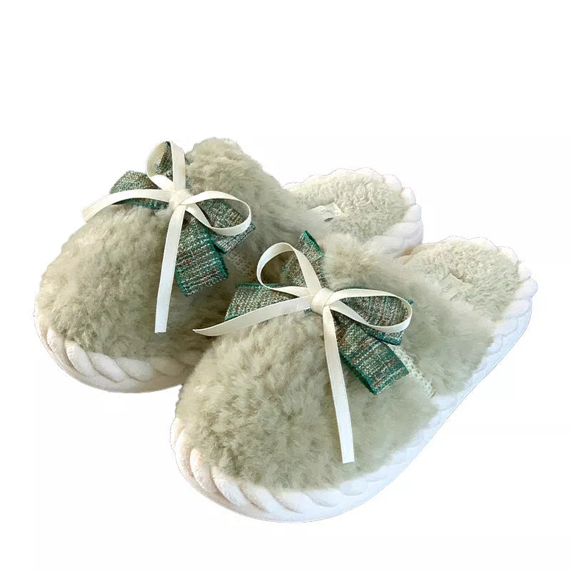Women's bow tie cotton slippers with plush interior in beige, green, and khaki
