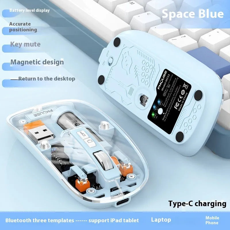 Transparent wireless computer mouse showing internal components with USB connection