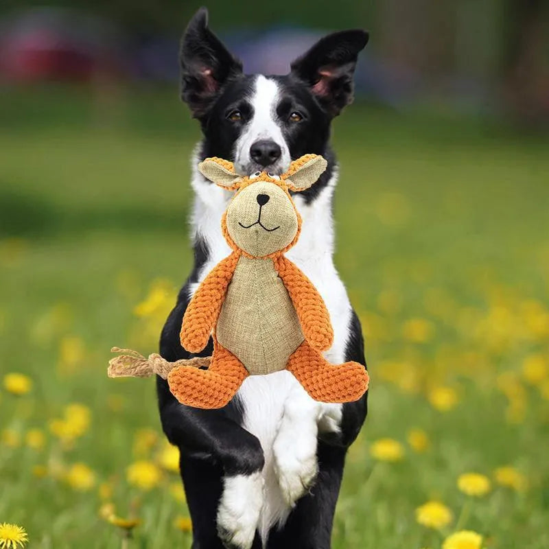 Plush dog squeaky toy in animal shapes for teeth cleaning and interactive play