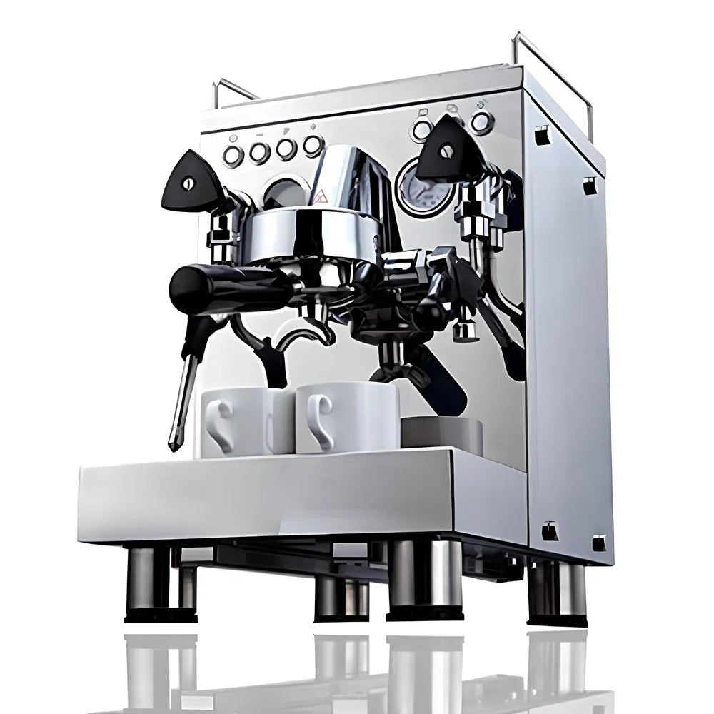 Full semi-automatic espresso machine in silver, 280mm wide with steam wand and UK plug for home brewing