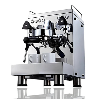 Full semi-automatic espresso machine in silver, 280mm wide with steam wand and UK plug for home brewing