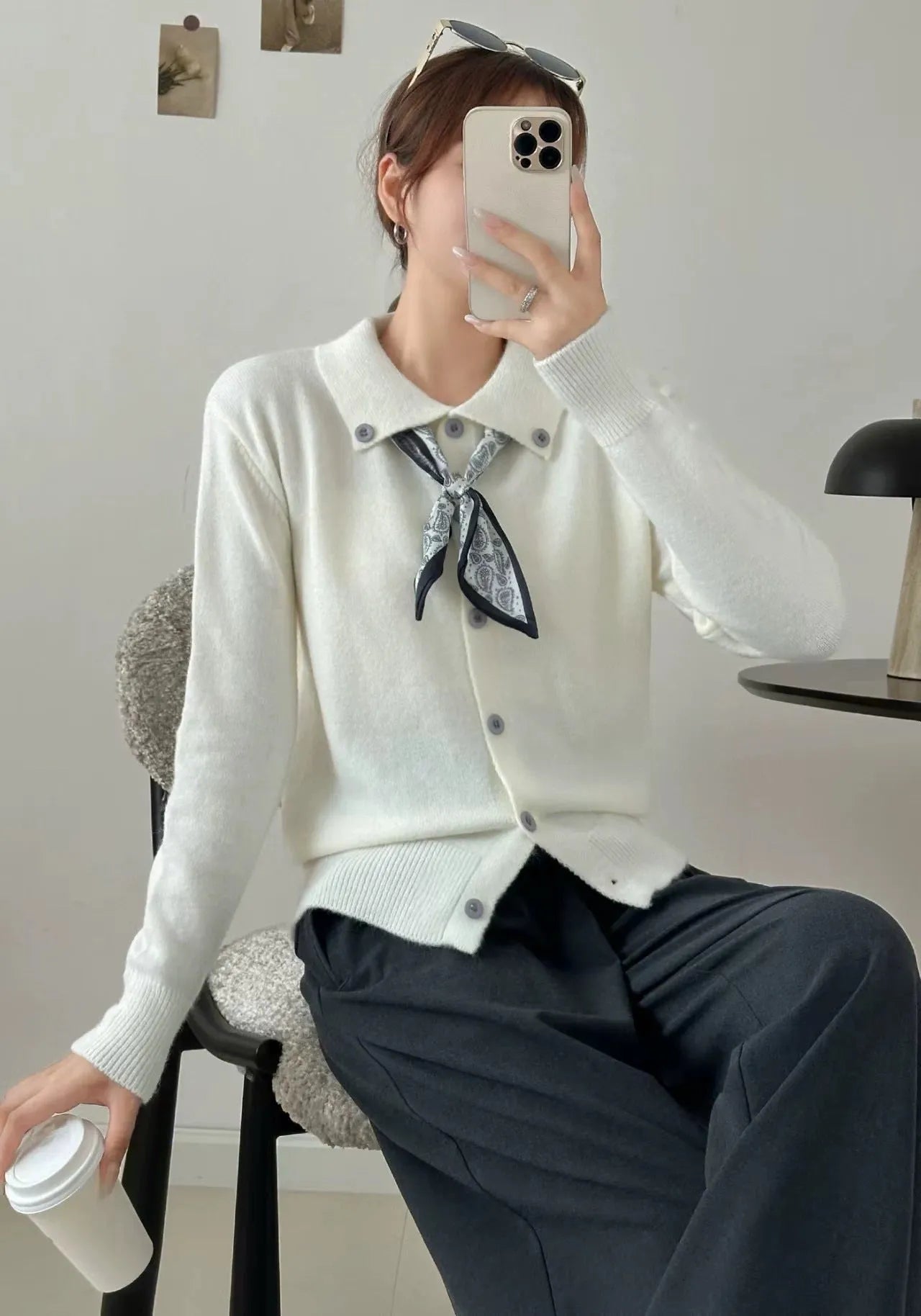 Lazy Fashion Lapel Scarf Sweater in cardigan style with splicing details and long sleeves