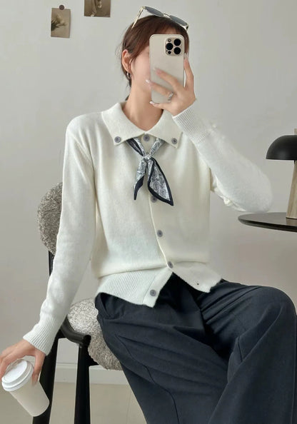 Lazy Fashion Lapel Scarf Sweater in cardigan style with splicing details and long sleeves