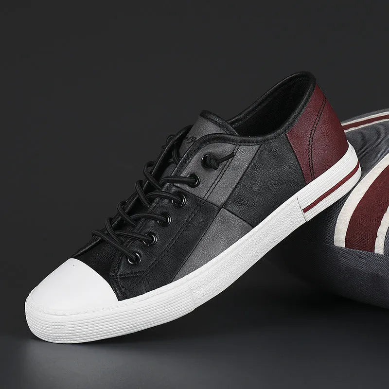 Men's colour matching leather slip-on shoes with elastic band and rubber sole