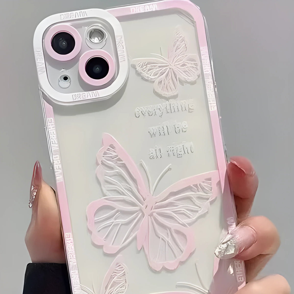 Transparent silicone phone case with oil painting flowers and light pink letter butterfly design for Apple iPhone.