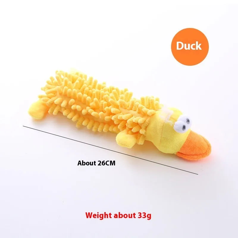 Plush horse molar dog toy in various animal colour designs including brown dog and yellow duck.