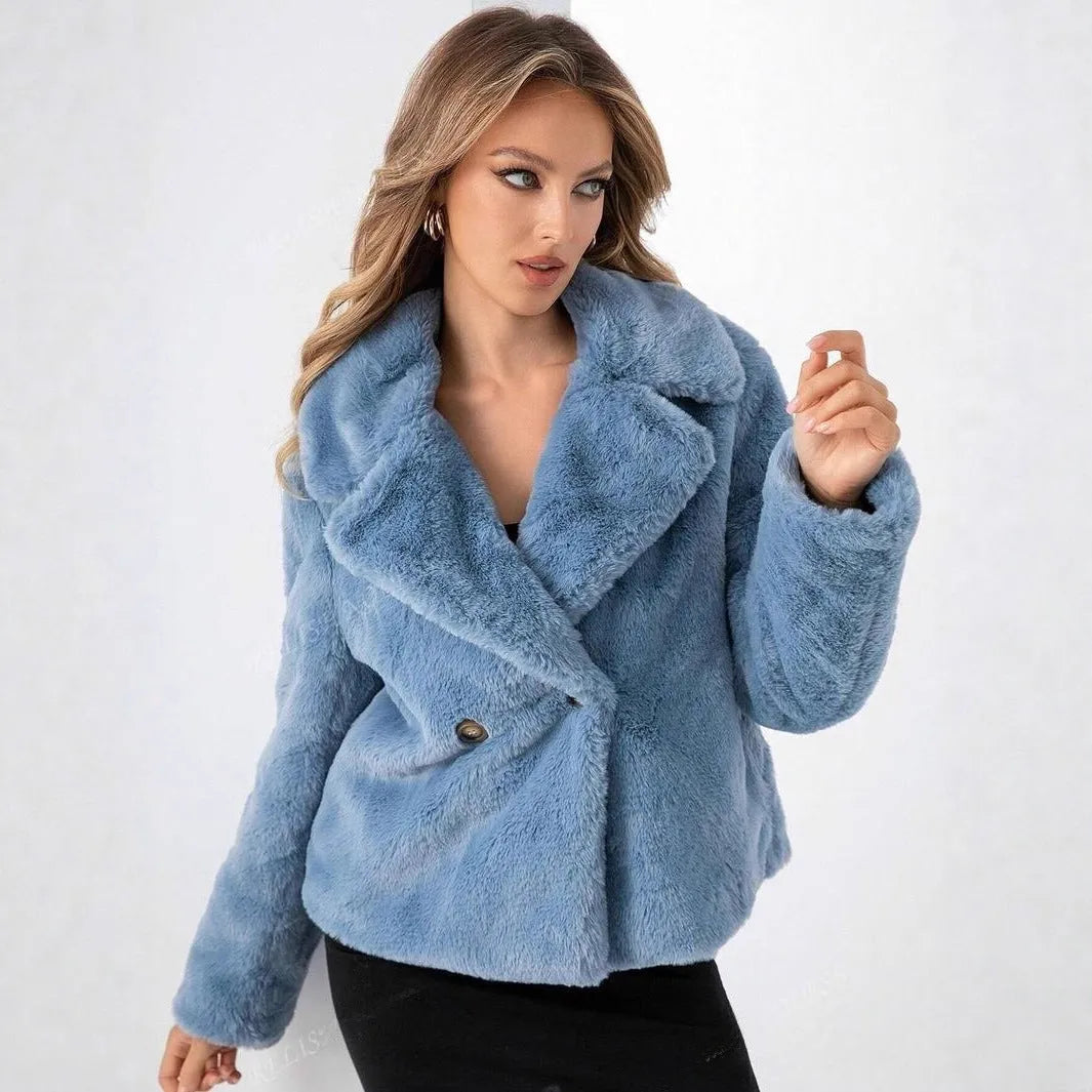 Women's loose short faux fur coat in rose red colour showing 50cm length and regular sleeves