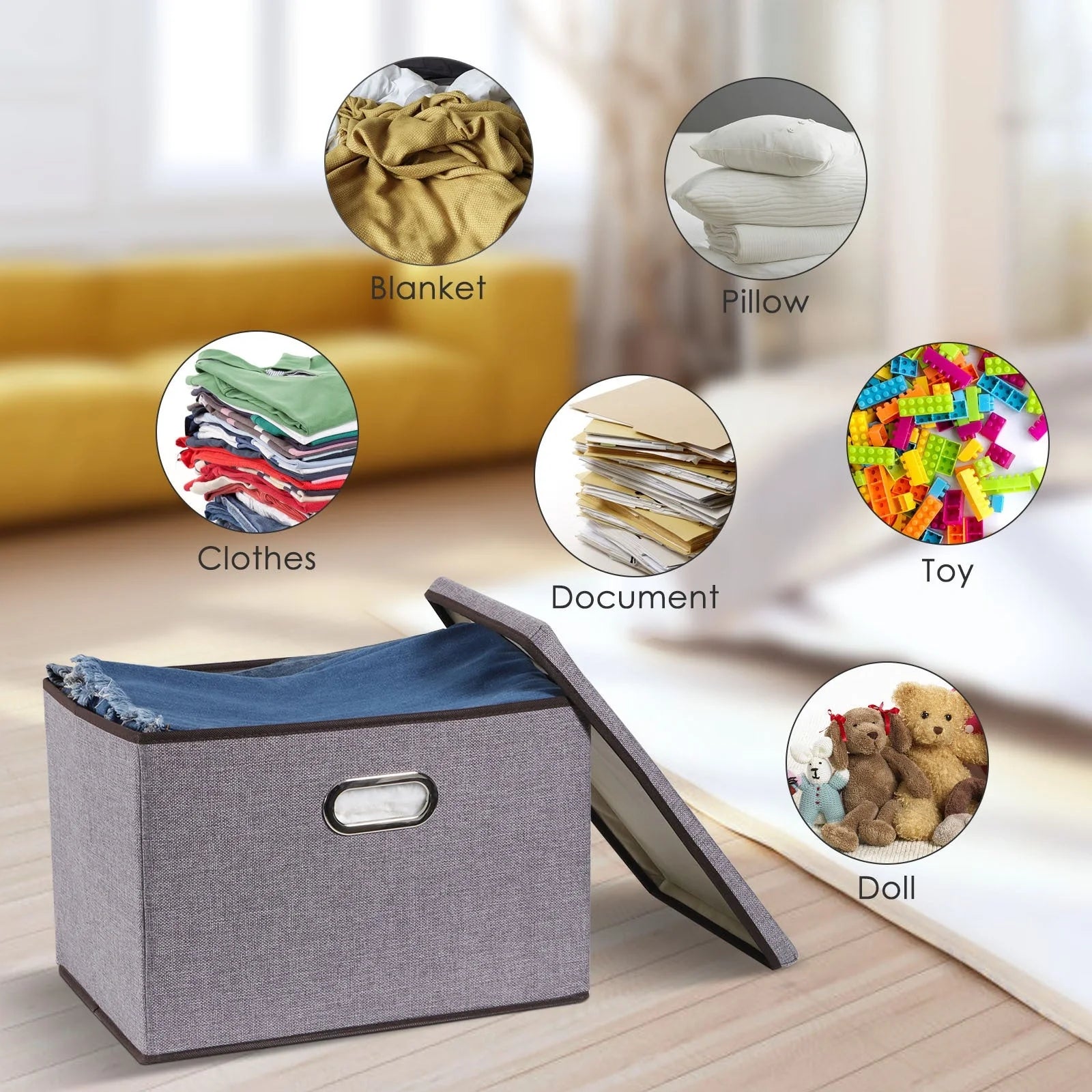 Cotton linen foldable storage box set in grey, perfect for home organization