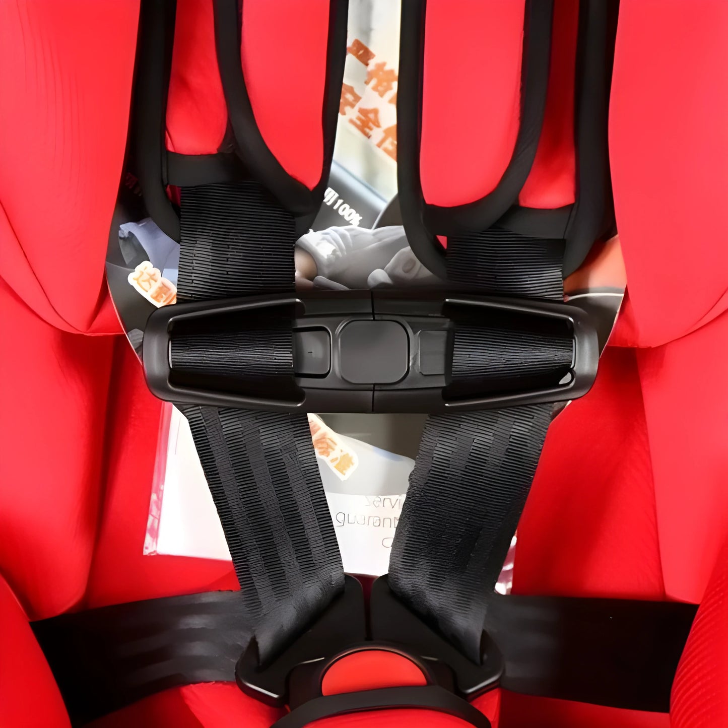 Black nylon seat belt buckle clip for adjusting child car seat harness straps.
