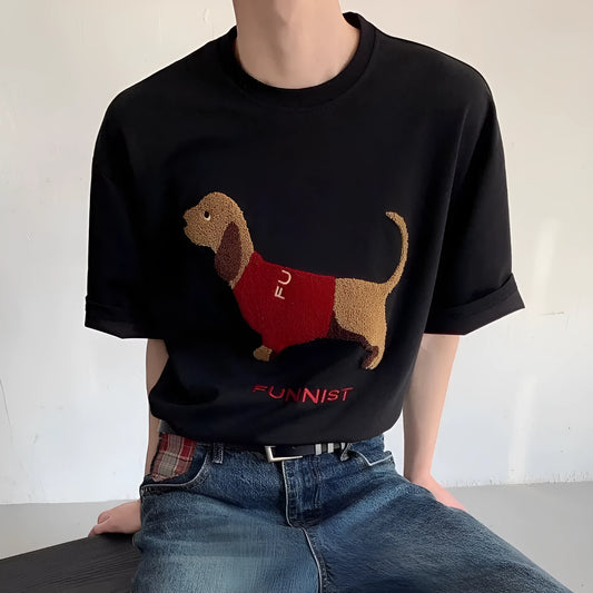 Men's grey cotton t-shirt with embroidered sausage dog design on front, short sleeves, round neck