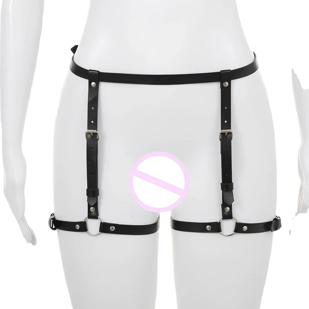 Black leather BDSM harness set showing adjustable 1.5cm width and four-piece coordinated design