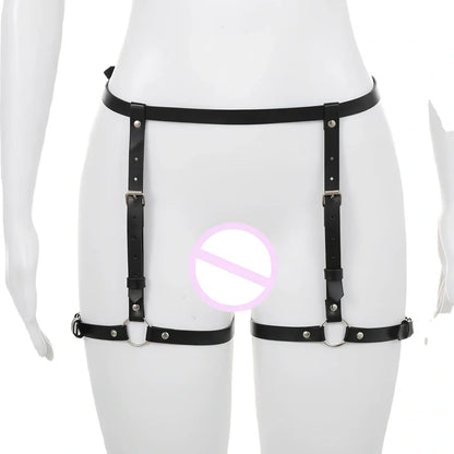 Black leather BDSM harness set showing adjustable 1.5cm width and four-piece coordinated design