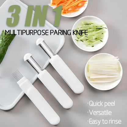 White 3-in-1 rotary paring knife with stainless steel blades showing 360° rotating mechanism