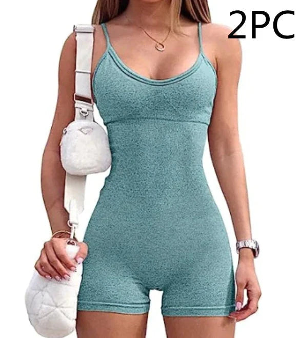 Stylish spaghetti strap jumpsuit in various vibrant colors, perfect for yoga, workouts, and everyday wear.