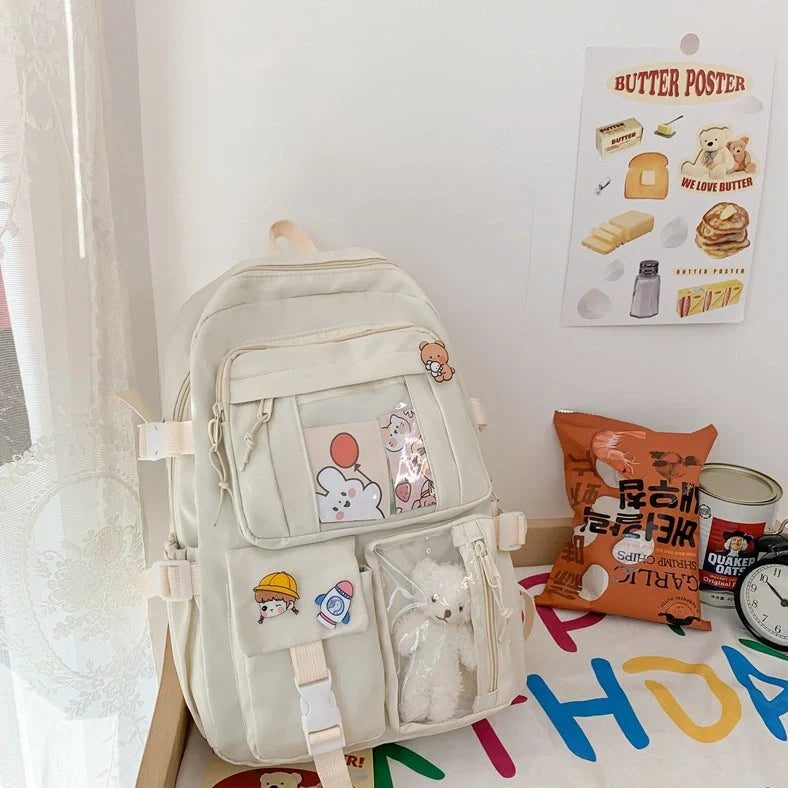 Girls' backpack with 29×12×40cm dimensions in black, white, green, and pink colour options