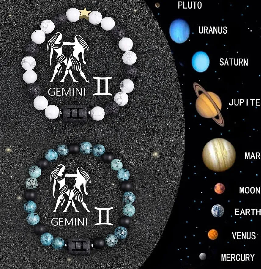 Twelve Zodiac Sign beaded bracelet set with natural stone beads and stainless steel clasp on wrist