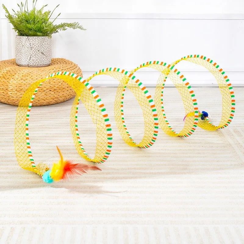 Blue and yellow collapsible cat tunnel with long pole teasing stick and feather attachments.