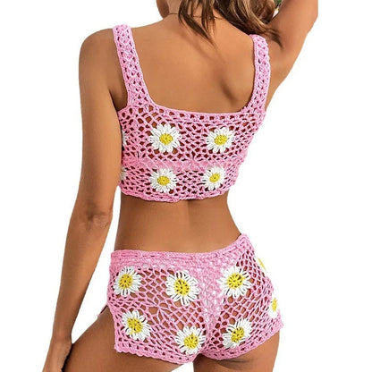 Light green flower pattern vest bikini swimsuit set made from hollow yarn fabric.