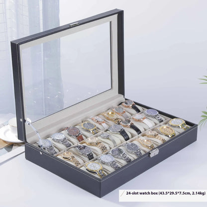 Grey high-grade leather watch storage box with transparent lid showing multiple watch compartments.
