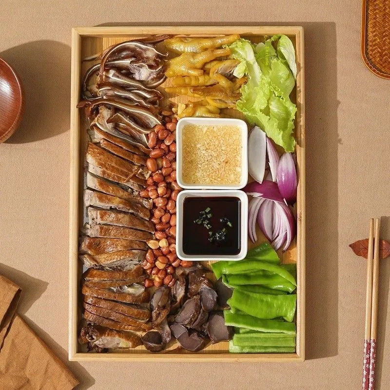 Square bamboo barbecue tray with brown handle in solid colour pastoral design